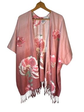 Chico’s Pink Floral Fringe Cape Poncho Kimono One Size Boho Cottage  Garden